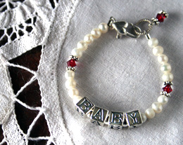 birthstone and freshwater pearl baby name bracelet